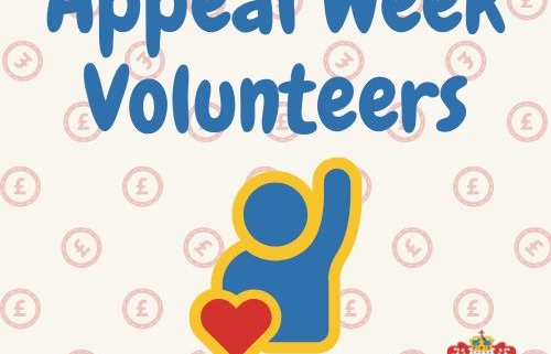 Appeal Week Volunteer Text with Person raising hand and love heart