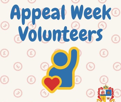 Appeal Week Volunteer Text with Person raising hand and love heart