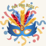 Fair Day News Mardi gras mask in blue, yellow and red featuring Bo'ness Fair Day Crest and the words Fair Day 2026
