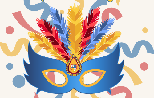 Mardi gras mask in blue, yellow and red featuring Bo'ness Fair Day Crest and the words Fair Day 2026