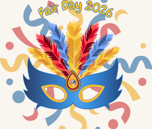 Mardi gras mask in blue, yellow and red featuring Bo'ness Fair Day Crest and the words Fair Day 2026