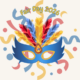 Mardi gras mask in blue, yellow and red featuring Bo'ness Fair Day Crest and the words Fair Day 2026